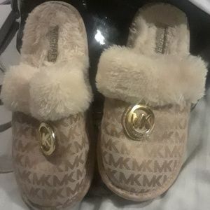 michael kors furry gold slippers